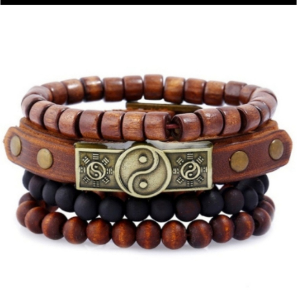 Unisex Vegan Leather Bracelet Beaded Yin Yang Set
